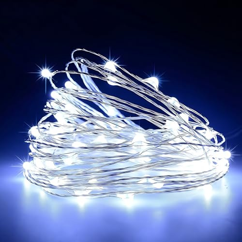 Timer Led String Light,1 Pack Mini Battery Powered Silver Wire Starry Fairy Lights,Battery Operated Lights for Bedroom,Christmas,Parties,Wedding,Christmas Gift Decoration(5m/16ft Cold White)