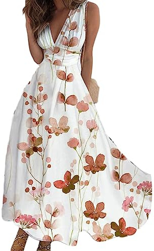 Onsoyours Robe Longue Femme Boho Floral sans Manches Col V Robe Portefeuille Robe Sexy Casual Maxi Robe de Plage Soirée Élegante Cocktail Chic Imprimé Fleuri pour Femme Éte B Rose M