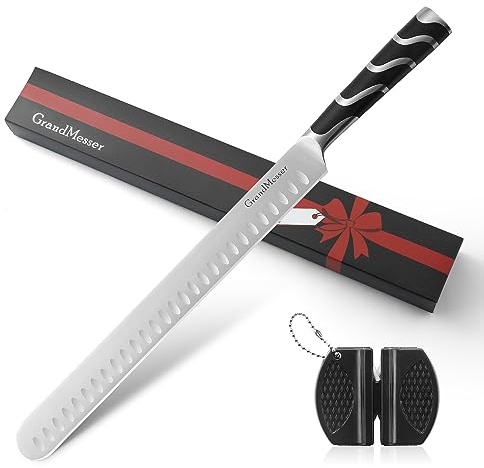 GrandMesser Carving Knife, 12 Inch Slicing Knife for Meat, Premium German Steel with ABS Handle, for BBQ Brisket Turkey Ham Rib Roast Beef with Sharpener.