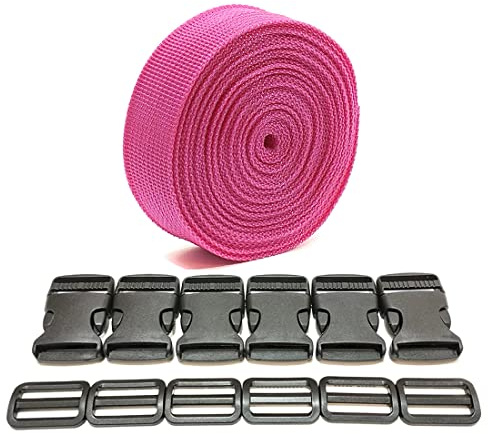 Rucksackband, 3 m x 38 mm + 12 Kunststoffschnallen, Nylonband mit Druckknöpfen, Rucksackgurt, Gepäckgurt, Koffergurt (38 mm, Rosa 144)