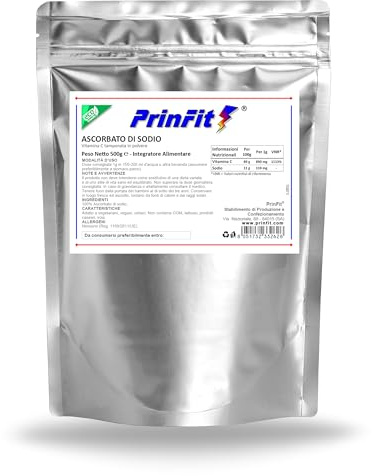 Ascorbato di sodio puro - 500g in polvere - Vitamina C tamponata a pH neutro, senza acidi – ottenuta dalla fermentazione di mais privo di OGM – Integratore Alimentare -prodotta e testata in Italia.