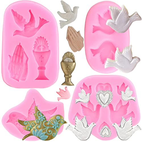 RFGHAC Silikonform für Kommunion, Taube, Fondant, betende Hände, Süßigkeitenform für Kuchendekoration, Schokolade, Gummipaste, Cupcake-Topper, Polymerton, 4 Stück