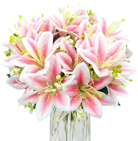FOUSUKA 4 Bundles Artificial Tiger Lily Silk Flowers Faux Fake Lilies Plants for Wedding Bouquet Home Party Indoor Table Hotel Office Vases Floral Arrangements Outdoor Garden Decor (Pink)
