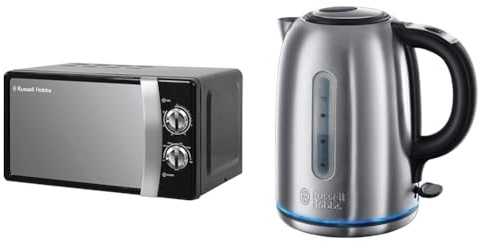 Russell Hobbs RHMM701B 17 Litre 700 W Black Solo Manual Microwave with 5 Power Levels, Ringer & Timer, Defrost Setting, Easy Clean & 20460 Quiet Boil Kettle, Brushed Stainless Steel, 3000W, 1.7 Litres