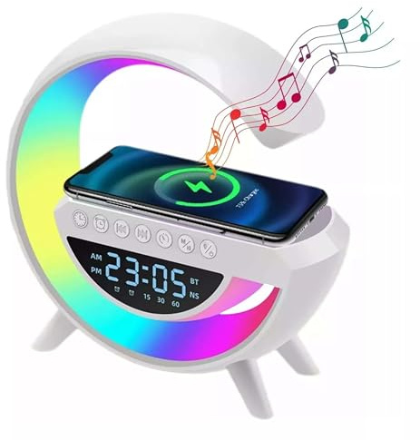 Altavoz Inteligente Sandalfon con Cargador Teléfono Inalámbrica, Bluetooth, Reloj Despertador con Luz, Lampara de Mesa LED Sincronización de Música 5 in 1, Dormitorio, Habitación, Oficina , Regalos