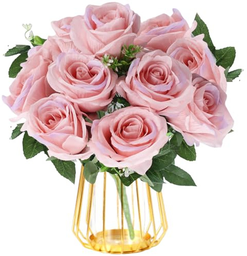 astylishome Künstliche Blumen für Grab, 10 Stück mit langem Stiel, künstliche Rosen, Brautstrauß, realistische Blume für Zuhause, Garten, Party, Hotel, Büro, Dekoration, Blütenrosen, Rosa, 1213