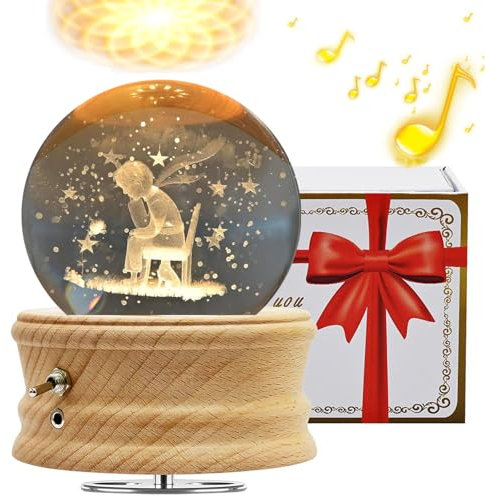 Boîte à Musique Boule de Cristal 3D, Boîte à Musique Rotative Éclairée à 360° avec Projection de Lumière et Support en Bois, Cadeau pour Enfants, Femme et Mère(Prince)