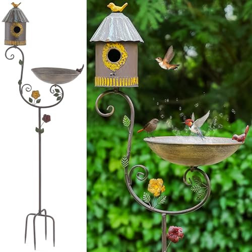56 Tall Bird Baths for Outdoors, Metal Bird Bath and Birdhouse with Pole, Garden Bird Houses with Feeder on Stake, Standing Birdbath and Bird House for Outside, Outdoor Birdbaths with 4-Prong Base