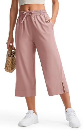 Libin Wide Leg Capri Pants for Women Lightweight Quick Dry Casual Slacks Lounge Travel Pants with Pockets Loose Fit Trousers Hiking Walking Summer, Light Pink L