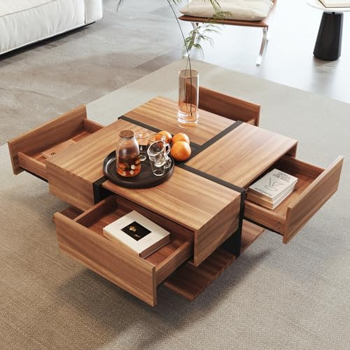 KAZZIO Tavolino, tavolo con 4 cassetti, combinazione di colori unica e design lineare, spazio di archiviazione in basso. 78x78x36cm (Nero e legno)