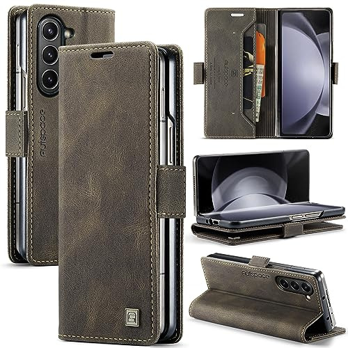 EYZUTAK Wallet Case for Samsung Galaxy Z Fold 6, Retro Matte Premium Protective Leather Case 2 Card Cash Slot with RFID Blocking View Stand Magnetic Closure TPU Shell Flip Cover - Coffee