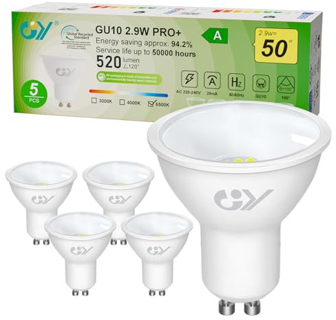 GY Ampoules LED GU10 Classe A 2.9W Equivalent 50W, 520LM 6500K Blanc Froid, Angle de Lumière 100°, Ampoule GU10 Led Efficacité Energétique, Non-Dimmable, Lot de 5