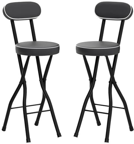 Set di 2 sgabelli pieghevoli imbottiti da banco altezza 61 cm, colore nero, resistenti sedili portatili per adulti, capacità 136 kg, ideali per cucina e giardino