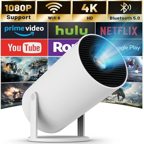 NSKUJCNB Mini Projector With WIFI 6 and Bluetooth 4K 1080P Support - 180° Rotatable 130'' Screen Movie [Built-in Apps] Auto Keystone Compatible for Laptop, PC, Smartphone
