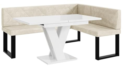 MEBLINI Eckbank für Esszimmer mit ausziehbarem Tisch - Küchenbank - Essecke - Sitzecke Küche - ERIC - U-Beine 128x168x87cm Rechts - Creme Samt/M Weiß Hochgl.