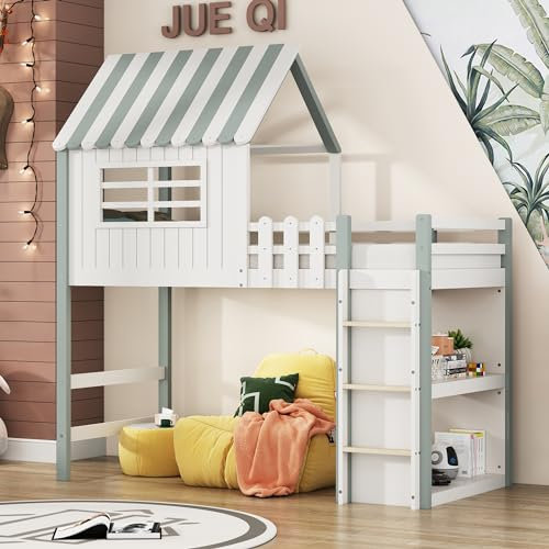 Cama infantil de 90 x 200 cm de alto y bajo, para niños y niñas, forma de tejado con escalera de seguridad, con compartimento de almacenamiento, cama multifunción con somier (blanco y verde)