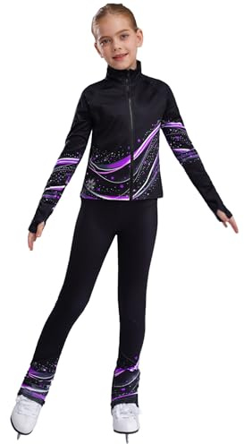 Fldy Mädchen Eiskunstlauf Anzug Warme Thermo Jacke Warm Eiskunstlauf Leggings Kinder Eislaufen Trainingsoutfit Sportanzug Tanzkleidung Violett 158-164