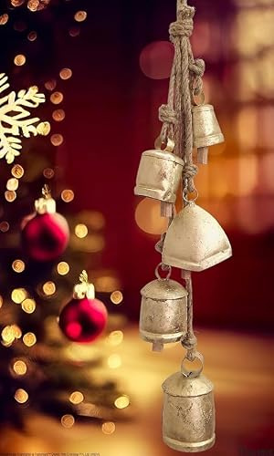 5 große Kuhglocken, abgenutztes Gold, zum Aufhängen an einem rustikalen Seil, Kuh-Ornament-Glocken, Weihnachtsdekoration, rustikale Glocken