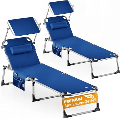 CASARIA® Set 2X Tumbonas Playa Plegable 180Kg Silla Jardín Reclinable Exterior Toldo Reposacabeza 210x61cm Bolsillo Piscina Camping Terraza Azul