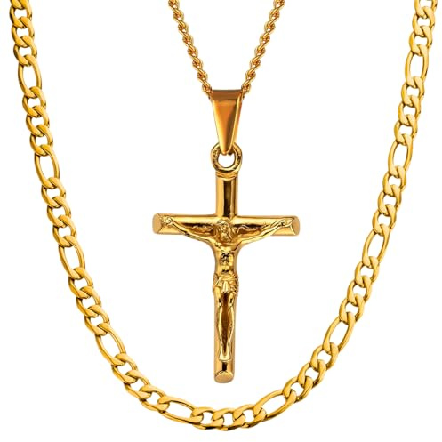 DVRK® Lot 2 Chaines Homme - Chaine Argent Homme ou Chaine Or 18k sur Base en Acier Inoxydable 316L Résistantes à l'Eau - Pendentif Croix Chretienne (Lot 2 Chaines Or 18k (Figaro & Croix Chretienne))