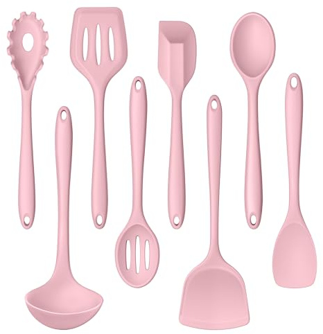 LIANYU Pink Silicone Cooking Utensils Set of 8, Non-Toxic Kitchen Utensils | Include Spatulas Spoons, Heat Resistant Non-Scratch Kitchen Tool, Healthy & Dishwasher Safe