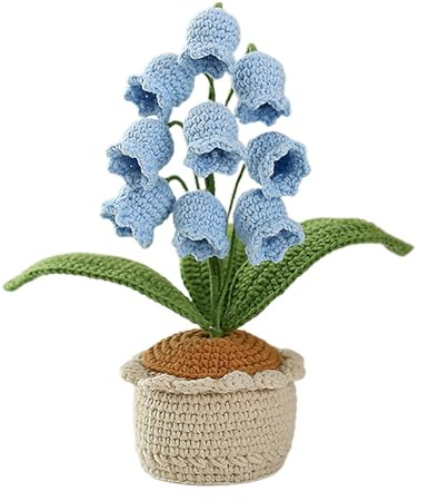 Tissting Crochet Flowers Potted Handmade Crochet Lily of the Valley Bouquet Potted Plants Knitted Artificial Forever Flowers with Pot for Home Decorations, Office Desk (A)