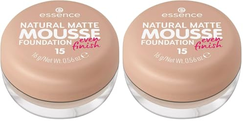 essence NATURAL MATTE MOUSSE FOUNDATION, Nr. 15, Nude, mattierend, abdeckend, Expressergebnis, matt, vegan, ohne Parfüm, ohne Alkohol, ohne Konservierungsstoffe, 2er Pack (16g)