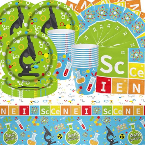 Apprentissage de l'expérience chimique - Vaisselle à thème scientifique - Pour anniversaire d'enfant - Comprend des assiettes en carton, des gobelets en carton, des serviettes en papier et des nappes