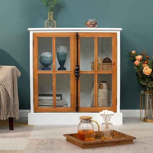 PHI VILLA Storage Cabinets with 2 Glass Doors, Sideboard Cupboard for Living Room & Kitchen, White Small Utility Cupboard 35D x 80W x 82H cm