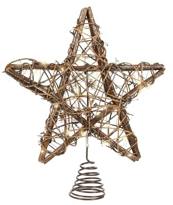 LED Christbaumspitze Stern mit Timer 30cm Rattan - Beleuchtete Weihnachtsbaumspitze mit Spiralhalterung - Sternspitze Aufstecker für den Weihnachtsbaum - Christbaumschmuck & Weihnachtsbaumschmuck