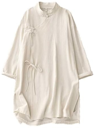 Cotton Linen Mid-Length Hanfu Shirt for Women, Side Slit Tea Zen Suit Loose Tang Suit Top Tai-chi Blouse, L, Beige
