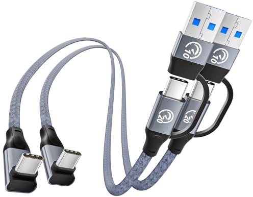Cable Corto USBC a USBC 90 Grados 0.3M [2Pack], Cable Tipo C 3.2 Gen 2x2 | 20Gbps Cordón Cargador 3 en 1 240W USB A/C a USB C, Cordón Monitor Tipo C 5K/4K para iPhone 17/16, iPad, Galaxy S26 S25