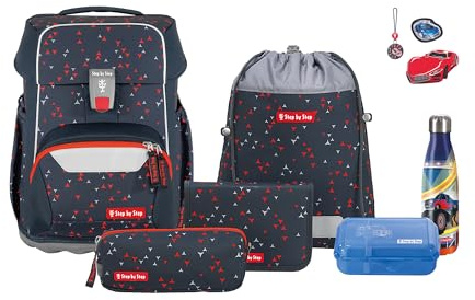 Step by Step Schulranzen-Set Basis „Anthrazit Triangles“, 7-teilig, schwarz, ergonomischer 20L Tornister, höhenverstellbar mit Hüft- und Brustgurt für Jungen ab der 1. Klasse