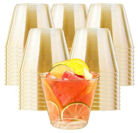 50stk Plastikbecher mit Goldglitzer (266ml/9oz) Wiederverwendbar BPA-frei | Premium PlastikbecherKunststoff Partybecher, für Party, Hochzeiten, Geburtstag, Hochzeiten, Strand und Picknick