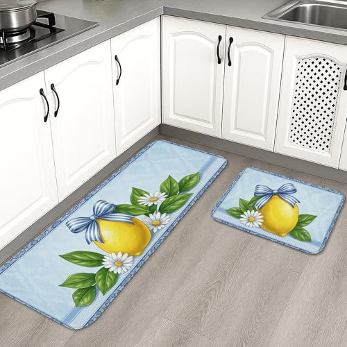 Tapetes de cocina florales de limón para piso, tapetes suaves vintage de crisantemo azul, acolchados, cómodos, lavables, antideslizantes, decoración para fregaderos de cocina, lavandería, baño, 2