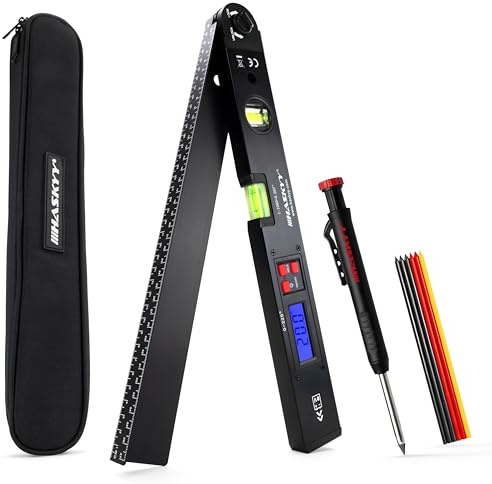HASKYY Tieflochmarker Zimmermannsbleistift Set mit Winkelmesser Wasserwaage 0-225° Rotierender Winkelschmiege LCD Display 415mm Schwarz - Präzise Markieren & Messen für Handwerker & Baustelle