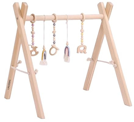 Ladanas Spielbogen Baby Holz inkl. 5 Spielzeugen – Stabiler & Klappbares Spieltrapez