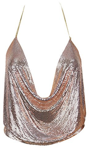 ZUMUii Butterme Sexy catena V profonda delle donne sexy profonda catena V Halter maniche Backless metallo Vest paillettes CroWomen Halter maniche Backless metallo Crop Top Club Wearp Top Club Wear