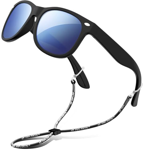 RIVBOS Kids Sunglasses Boys with Strap Polarized Rubber Flexible Shades for Toddler and Children Age 3-10 RBK004-2 Black Ice Blue Lens