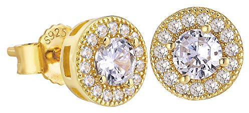 KRKC&CO Ohrstecker Silber 925 Damen, Runde Ohrringe 14K Gold beschichtet, Iced Out Ohrschmuck mit Zirkonia Steine Weiß, allergiefreie Ohrringe, Geschenk für Frauen Mädchen, 7,5mm