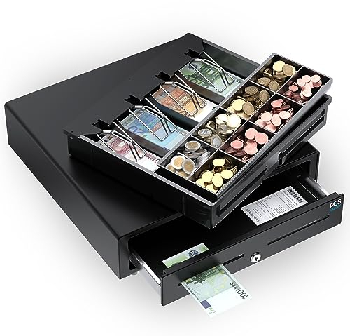 POS VALLEY Kassenschublade - Professionelle, Elektrisch (RJ11-12) / Manuell Öffnen - 4 Scheinfächer / 8 große Münzfächer (Euro), 41x41cm, Schwarz - Kassenlade