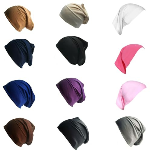 12 x New Assorted Colours Under Hijab Tube Stretchable Bonnet Cap Bandana Head Sleep Cap Under Scarf Bone Headscarf Turban Stretchy Beanie Cancer Hair Cover Protection Patients Care Hat Ramadan Eid