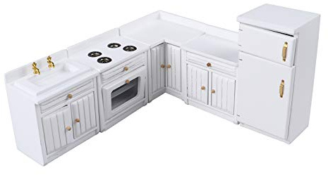 Dollhouse Kitchen Furniture Kit 1:12 Doll House Miniature Suite Wooden Kitchen Cabinet Fridge Set Dining Room for Miniature Dollhouse Furniture Scenes Accessories