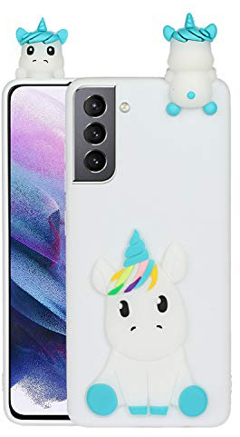 HopMore Kompatibel mit Samsung Galaxy S21 5G Hülle Dünn Silikon Weich Gel 3D Tier Motiv Slim Case Stoßfest Handyhülle Samsung S21 5G Silikonhülle Schutzhülle Cover - Weißes Einhorn