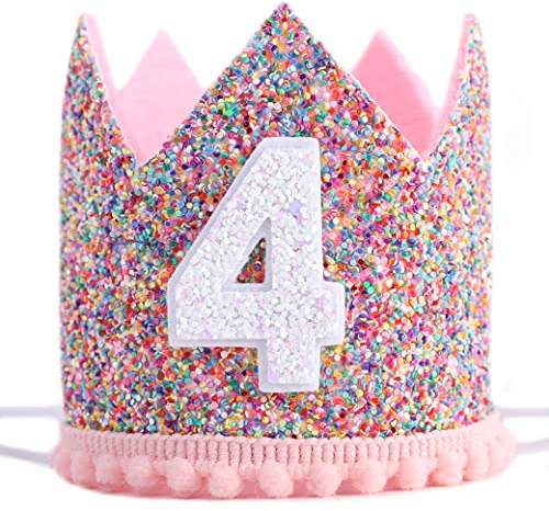WAHAWU Rainbow Crown - 4th Birthday Party Glitter Crown, Kids Birthday Hats, Baby Photo Props, Little Girls Hair Accessories
