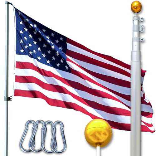 Service First Silver 20FT Telescoping Flagpole Kit for Outside House In Ground - Anti Tangle Swivel Ring Design - 100MPH Wind Tested