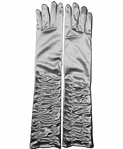 Lange Damen-Handschuhe, Satin, gerüscht, für Braut, Gangster, Hochzeit, Abschlussball, Party, Handschuhe, silber, Einheitsgröße