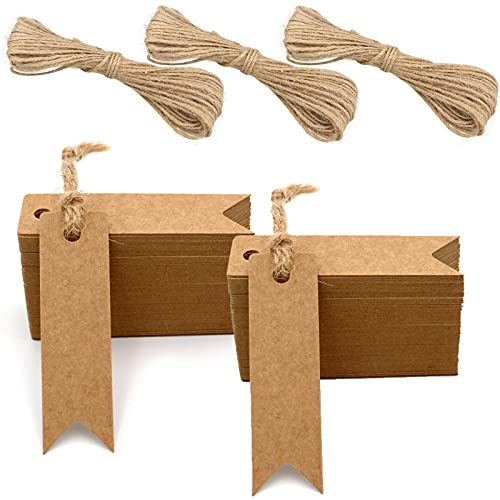 G2PLUS Klein Kraftpapier Etiketten Tags - 7x2 CM Geschenkanhänger Mini - 200Stk Anhänger Etiketten mit Jute-Schnur (Braun)