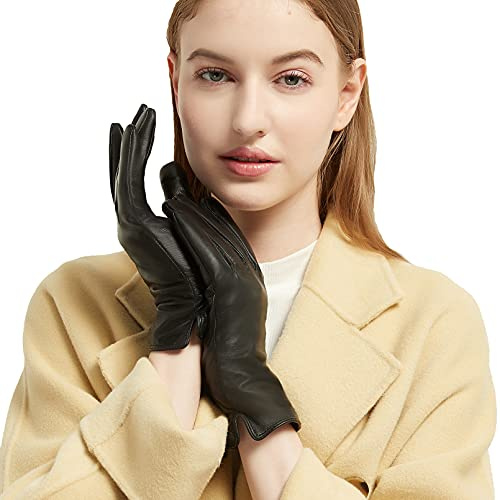 NOVBJECT Lederhandschuhe Winter Damen Touchscreen Lammfell Elegant Kaschmir Gefüttert Warm Outdoor Fahrhandschuhe