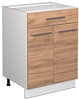 Vicco Küchenunterschrank Fame-Line, Goldkraft Eiche, 60 cm | Metall-Vollauszüge · Ohne Arbeitsplatte · Höhenverstellbare Füße · Metallgriffe · Soft-Close
